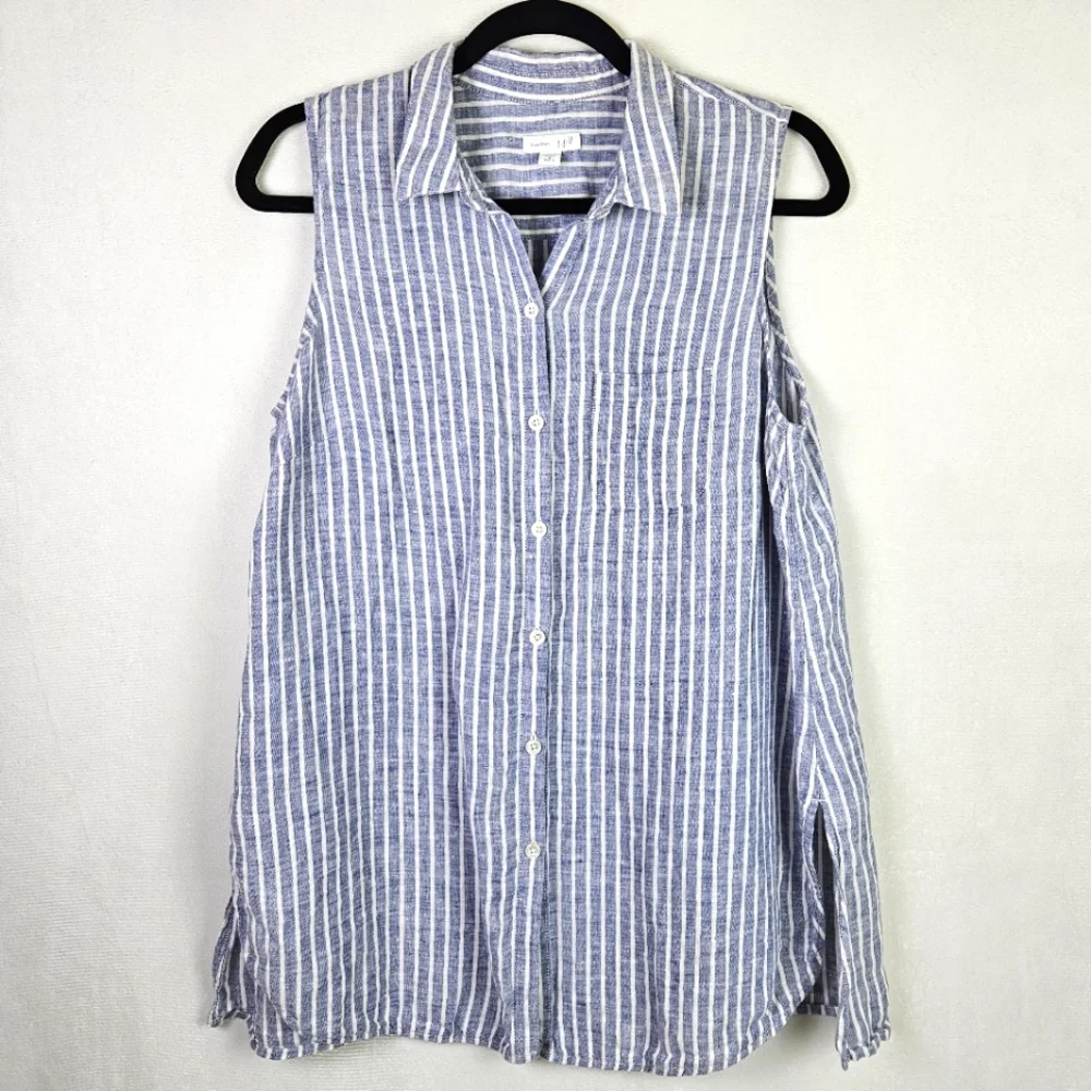J Jill Love Linen 100% Linen Coastal Nautical Striped Button Down Tank Top MP - Picture 1 of 5